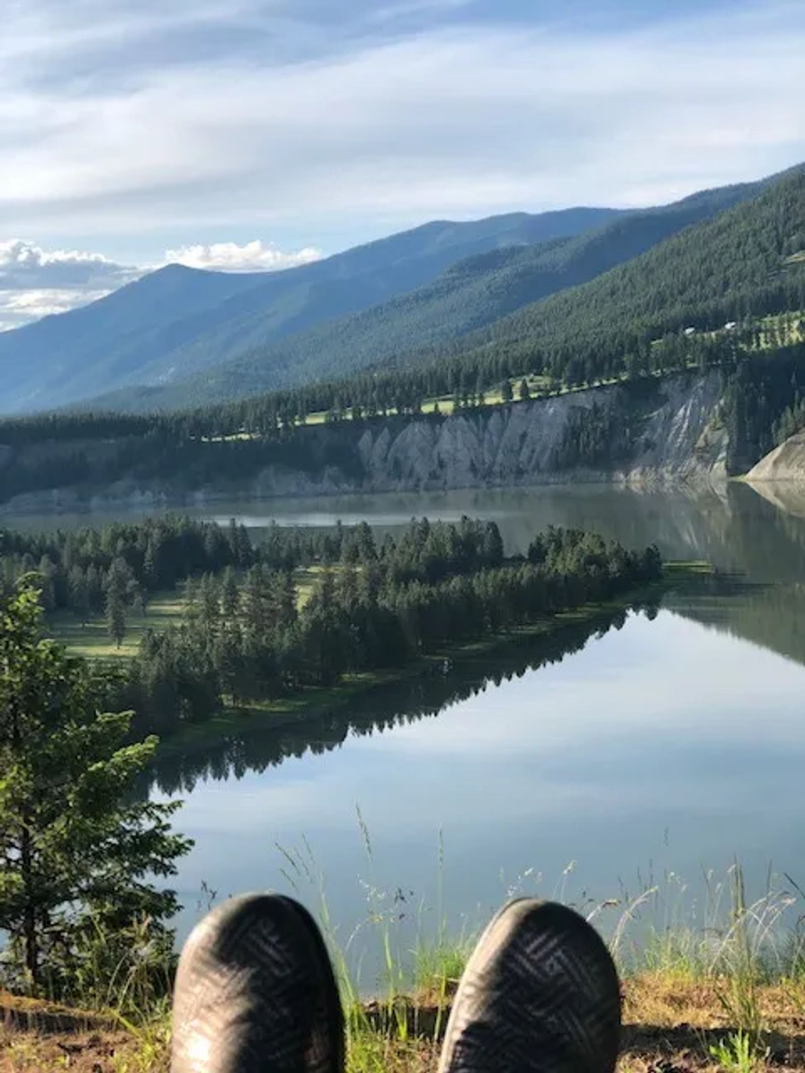 View of mountains and green pine trees along the Clark Fork of the Columbia River